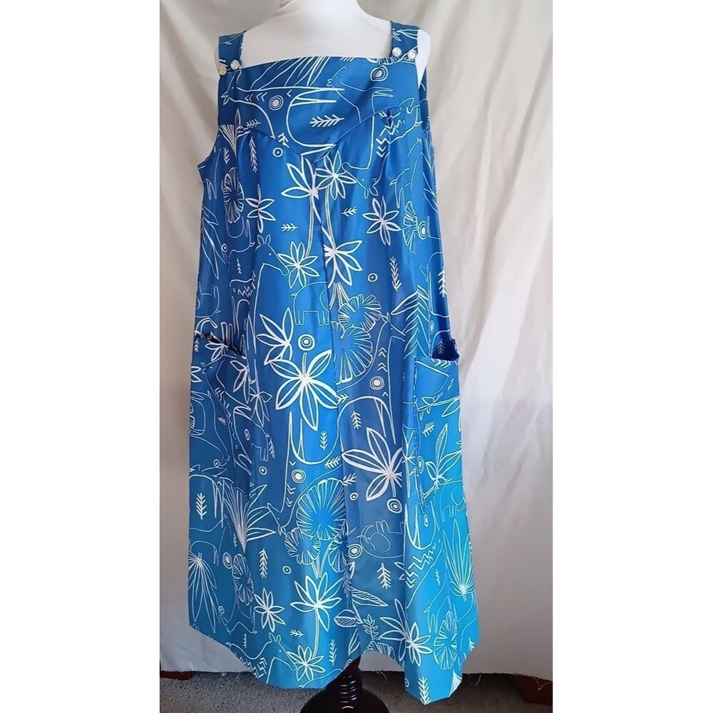 '70s SunDress Alice Of California M Blue Funky Animal Graphic Print Dress New